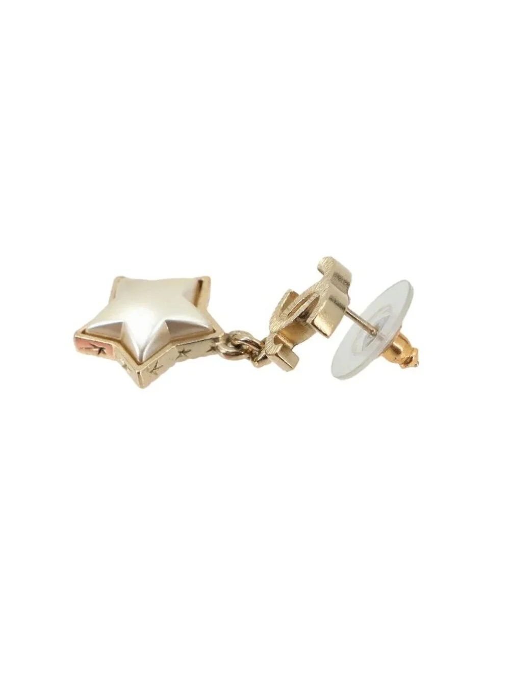Chanel CC Logo Star Swing Earrings Faux Pearl Gold White